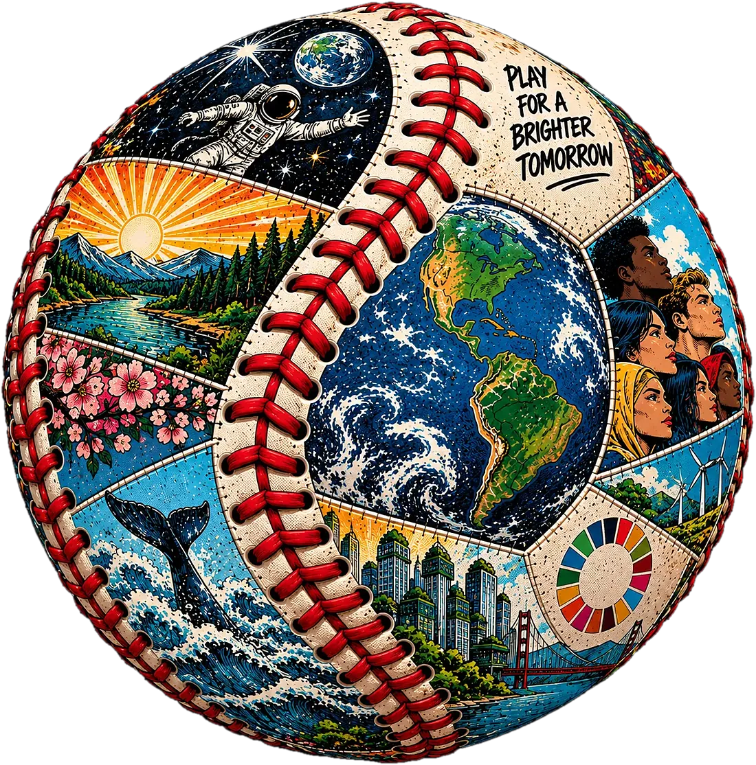 The Unity Ball — a baseball whose panels carry the world: an astronaut, the Earth, faces, a whale, a city, the 17 Global Goals